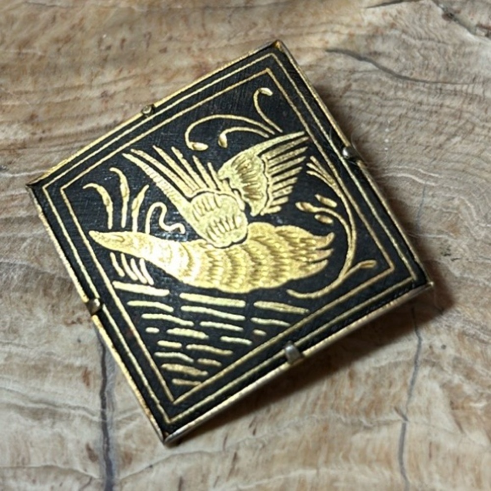 Damascene Gold Inlay Brooch 1 1/16”Sq. Duck Mallard Spain Trombone Clasp 1940s